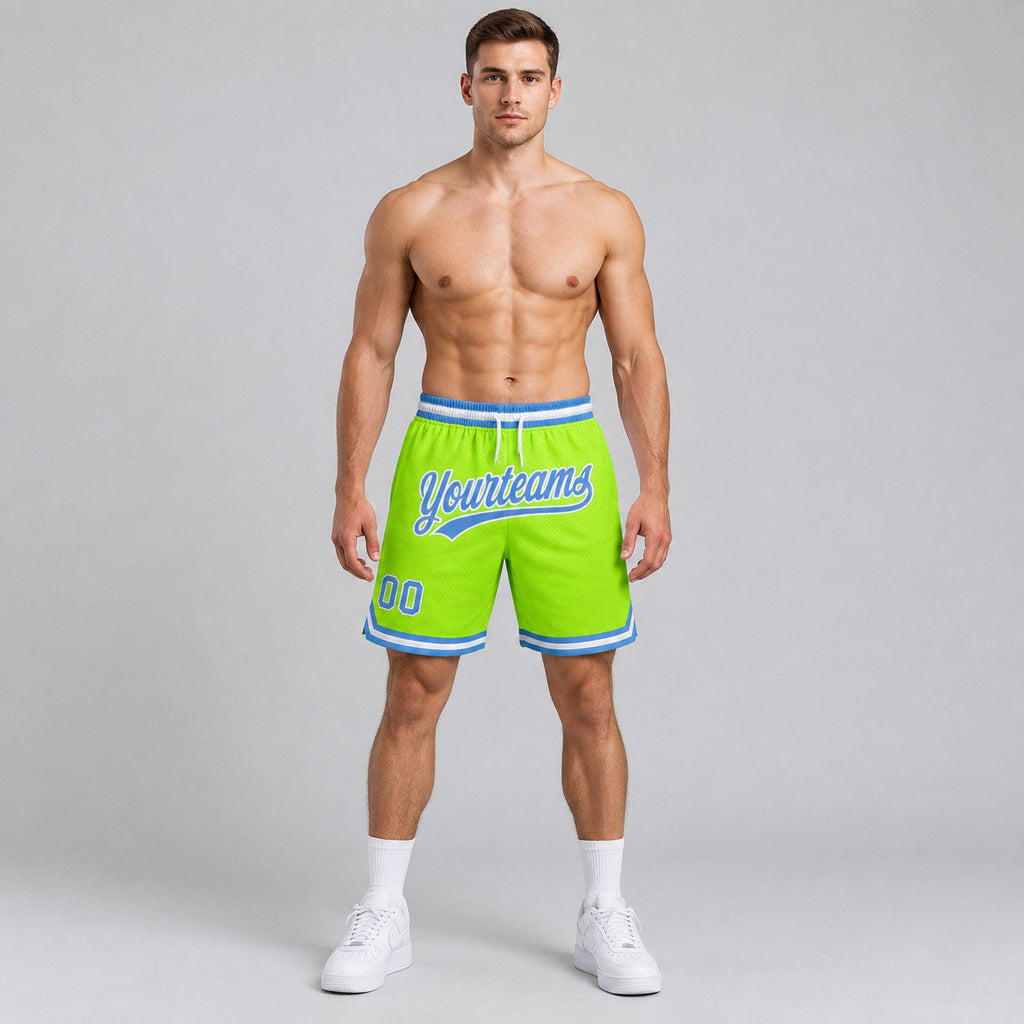 Custom Neon Green Authentic Throwback Basketball Shorts with Light Blue and White Lettering worn by male model