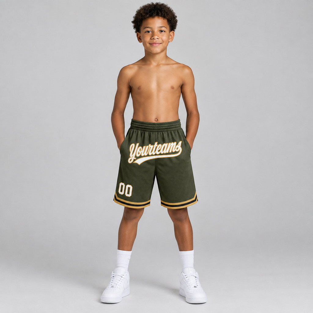 Custom Olive and White Salute To Service Basketball Shorts with Old Gold and Black Lettering youth size worn by child model