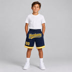 Custom Navy Authentic Throwback Basketball Shorts with Gold and White Lettering Design 0585 youth size worn by child model