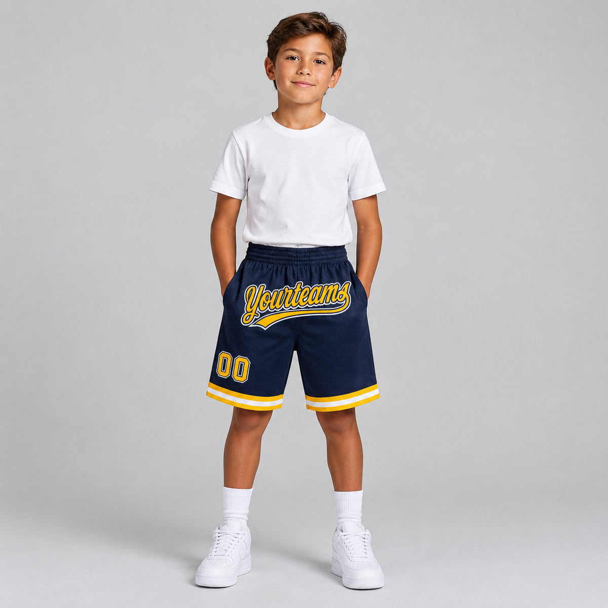 Custom Navy Authentic Throwback Basketball Shorts with Gold and White Lettering Design 0585 youth size worn by child model
