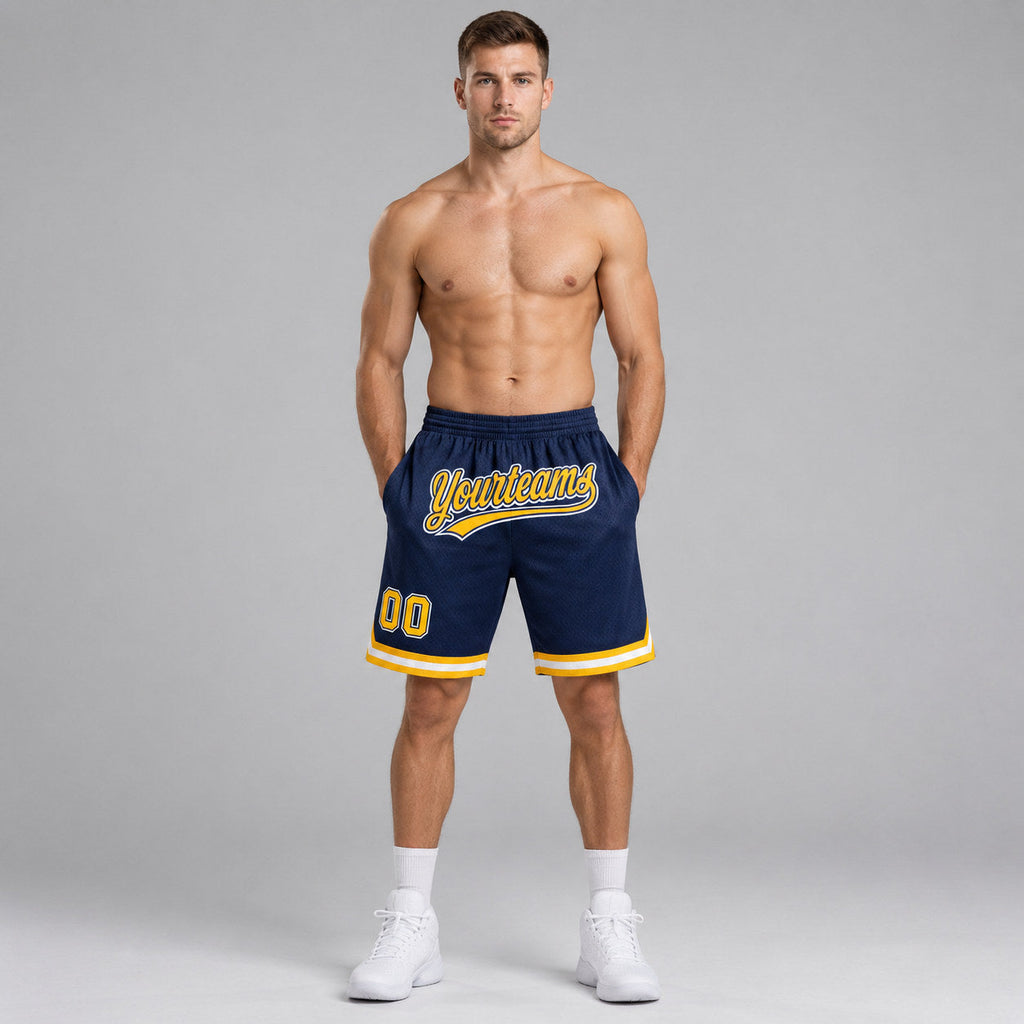 Custom Navy Authentic Throwback Basketball Shorts with Gold and White Lettering Design 0585 worn by male model
