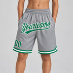 Custom Gray Authentic Throwback Basketball Shorts with Kelly Green and White Lettering Design 0473 youth size worn by child model