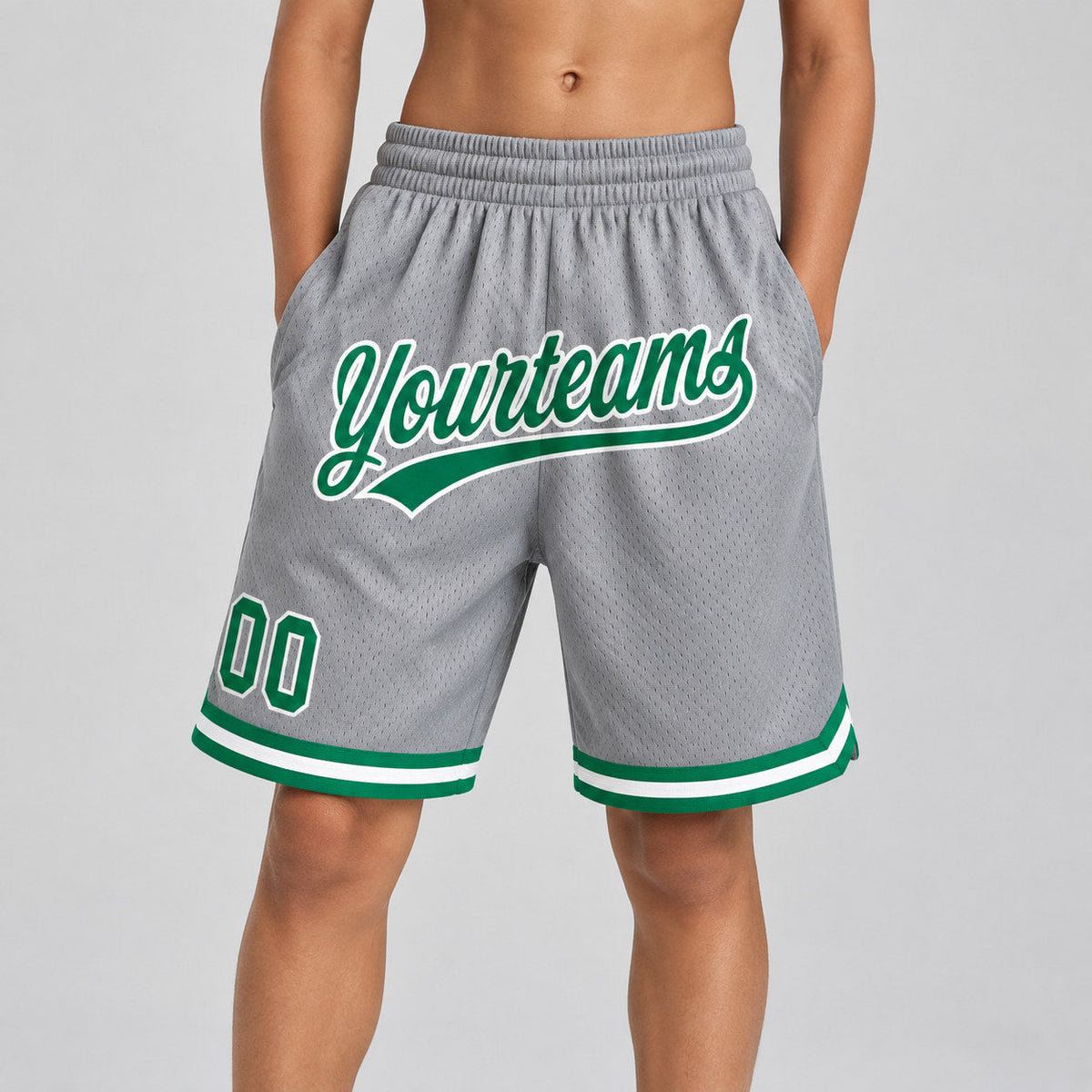 Custom Gray Authentic Throwback Basketball Shorts with Kelly Green and White Lettering Design 0473 youth size worn by child model