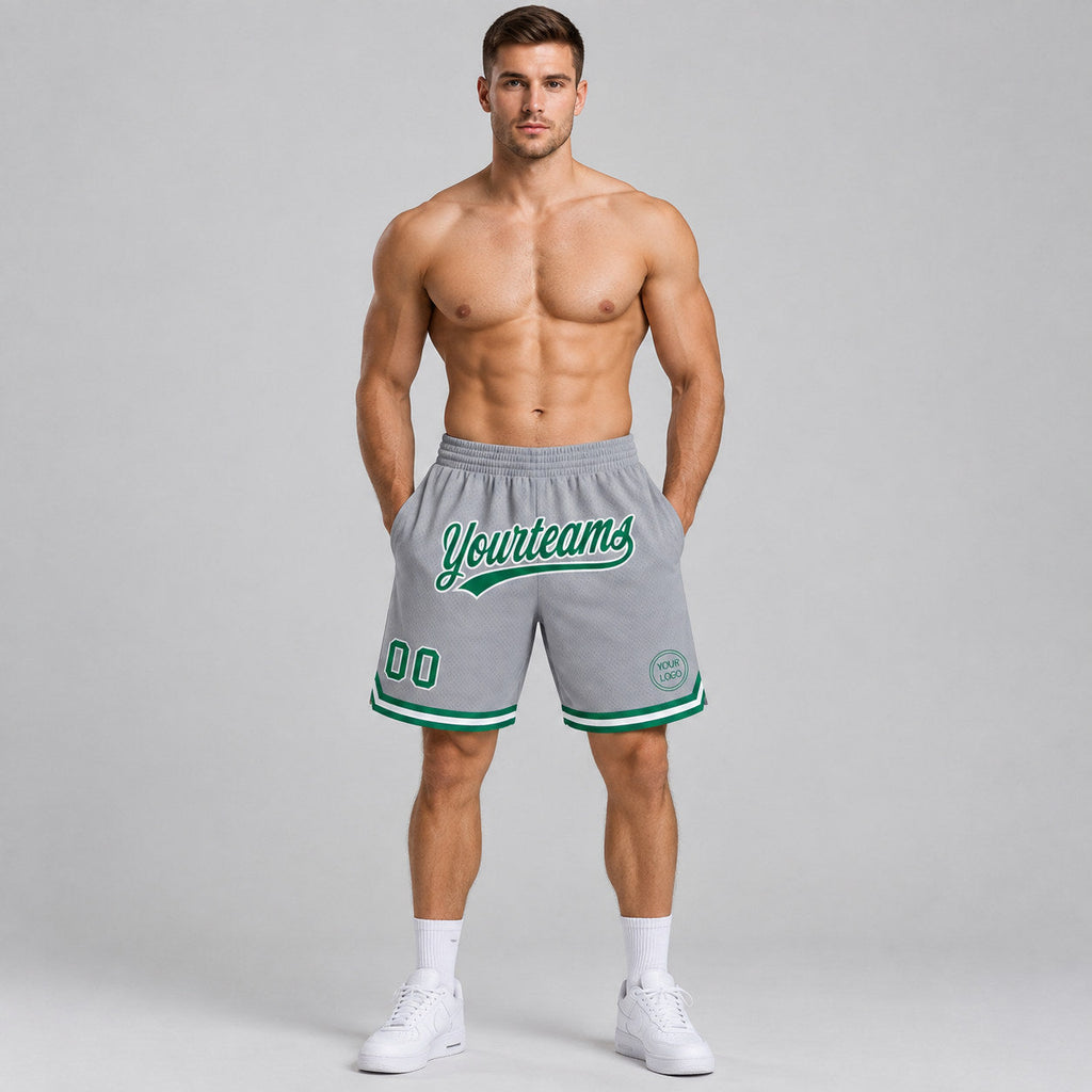 Custom Gray Authentic Throwback Basketball Shorts with Kelly Green and White Lettering Design 0473 worn by male model