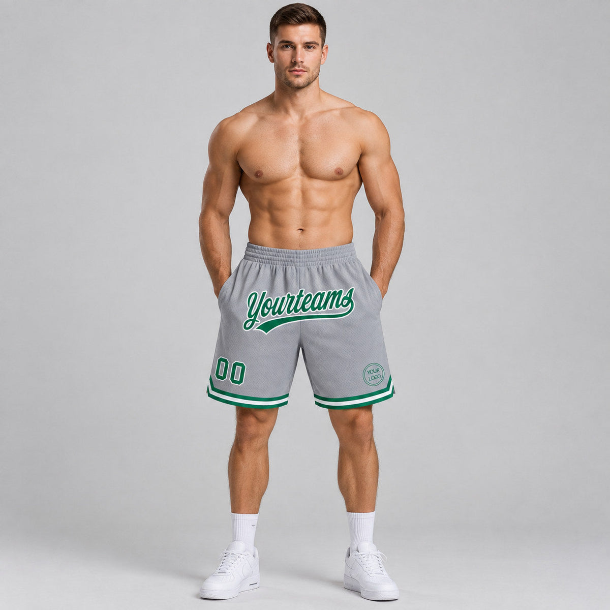 Custom Gray Authentic Throwback Basketball Shorts with Kelly Green and White Lettering Design 0473 worn by male model