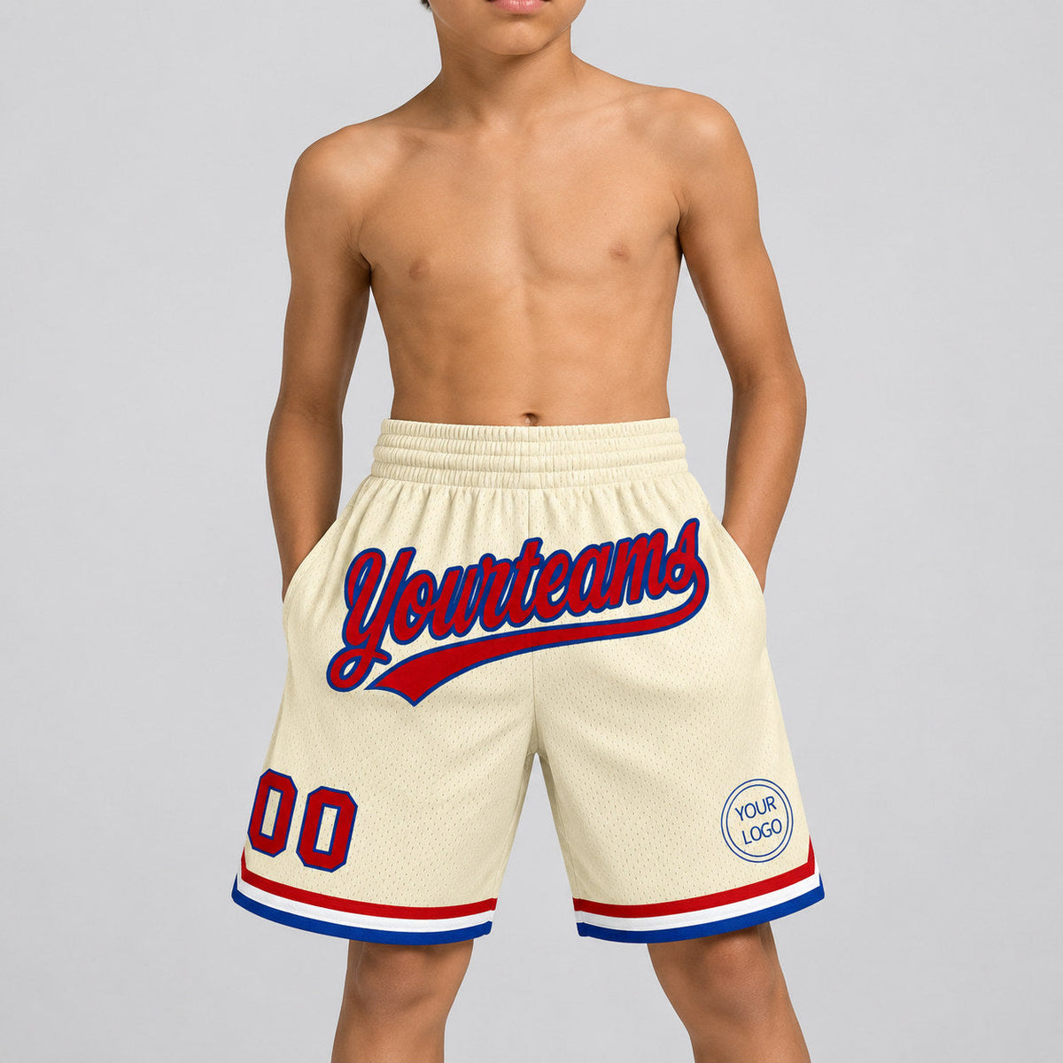 Custom Cream Authentic Throwback Basketball Shorts with Red and Royal Lettering Design 0446 youth size worn by child model