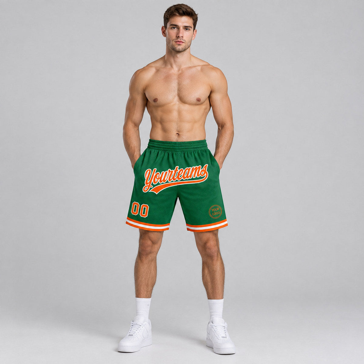 Custom Kelly Green Authentic Throwback Basketball Shorts with Orange and White Lettering Design 0402 worn by male model