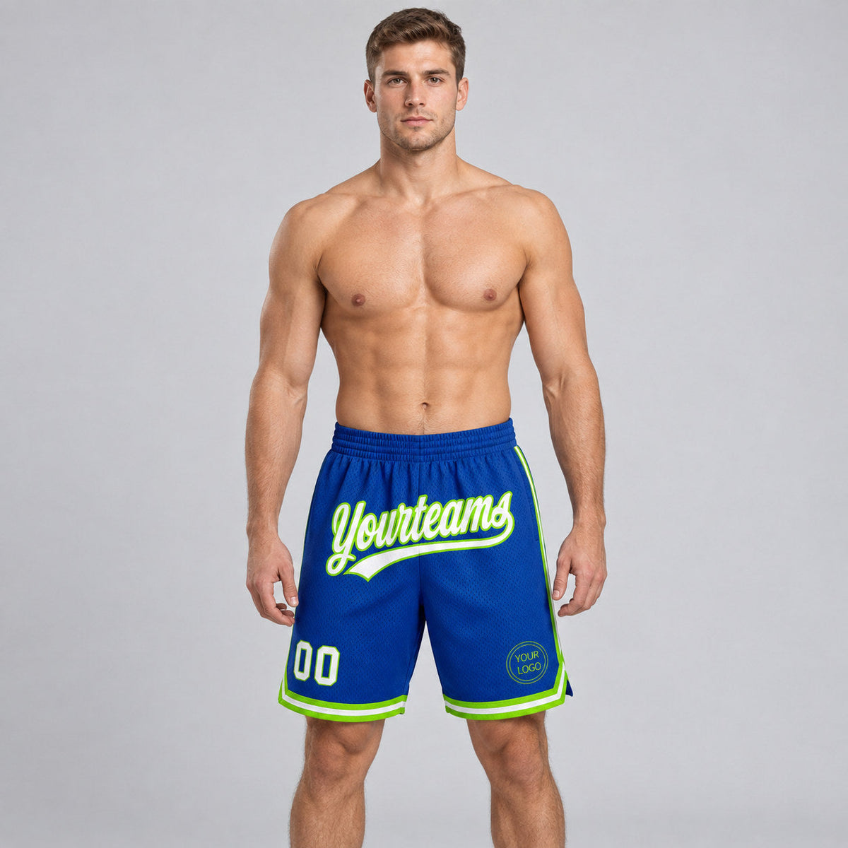 Custom Royal Authentic Throwback Basketball Shorts with White and Neon Green Lettering worn by male model