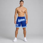 Custom Royal Authentic Throwback Basketball Shorts with White and Light Blue Lettering Design 0497 worn by male model