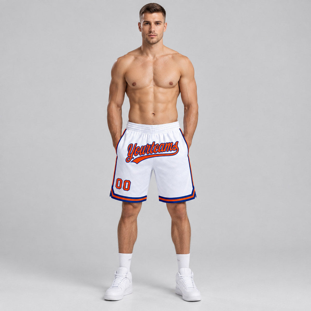Custom White Authentic Throwback Basketball Shorts with Orange and Royal Lettering Design 1294 worn by male model