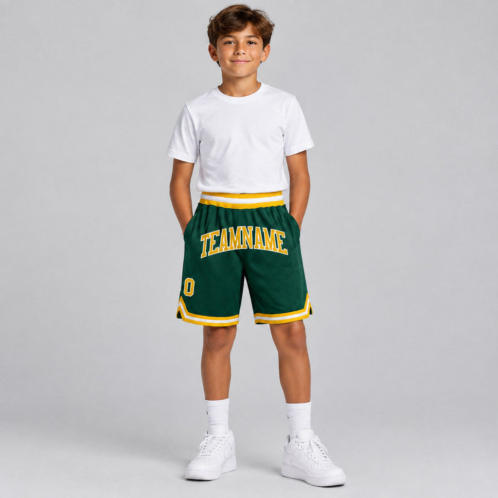 Custom Hunter Green Authentic Throwback Basketball Shorts with Gold and White Lettering youth size worn by child model