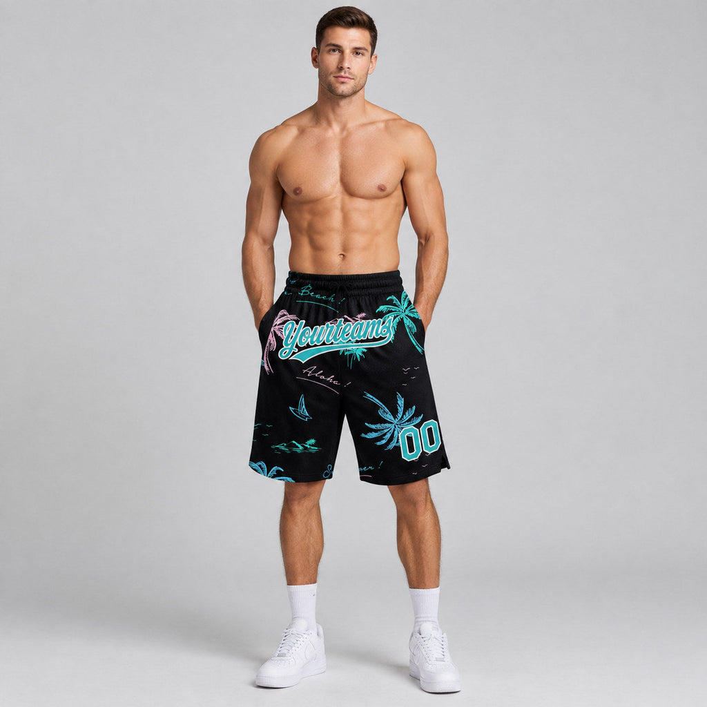 Custom Black Hawaii Palm Trees Authentic Basketball Shorts with Teal and White Lettering worn by male model