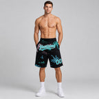 Custom Black Hawaii Palm Trees Authentic Basketball Shorts with Teal and White Lettering worn by male model