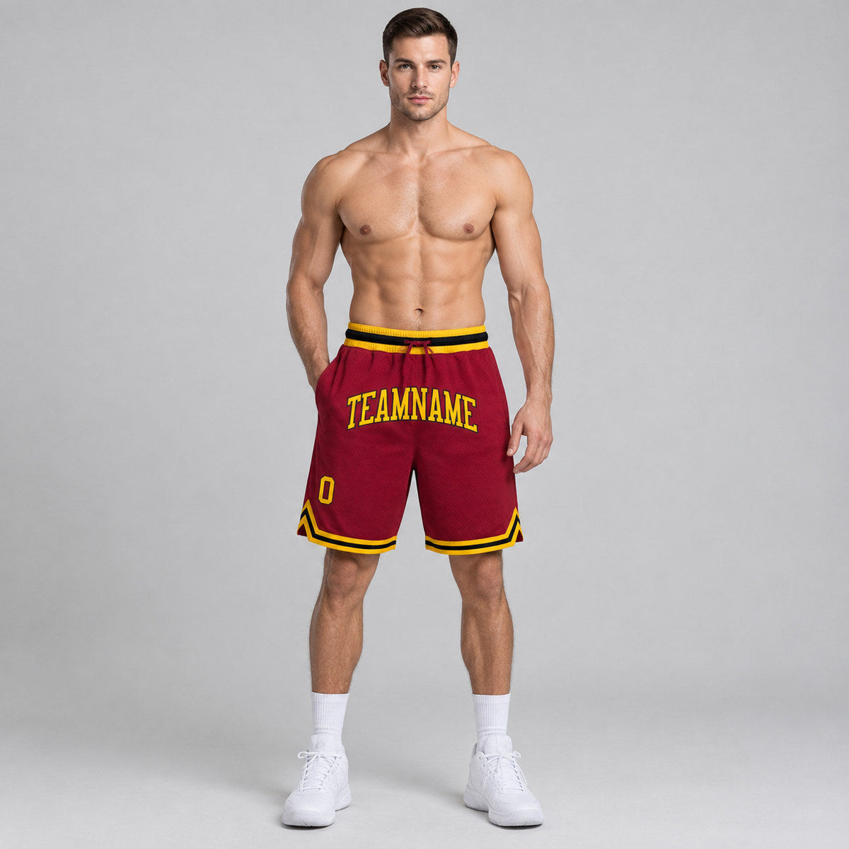 Custom Maroon Authentic Throwback Basketball Shorts with Gold and Black Lettering worn by male model