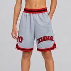 Custom Gray Authentic Throwback Basketball Shorts with Red and Black Lettering youth size worn by child model