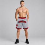 Custom Gray Authentic Throwback Basketball Shorts with Red and Black Lettering worn by male model