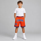 Custom Orange Authentic Throwback Basketball Shorts with Royal and White Lettering Design 0277 youth size worn by child model