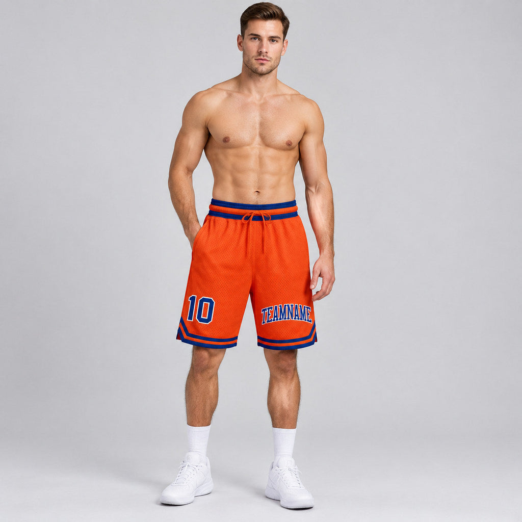 Custom Orange Authentic Throwback Basketball Shorts with Royal and White Lettering Design 0277 worn by male model