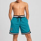 Custom Teal Authentic Throwback Basketball Shorts with Black and White Lettering Design 0113 youth size worn by child model