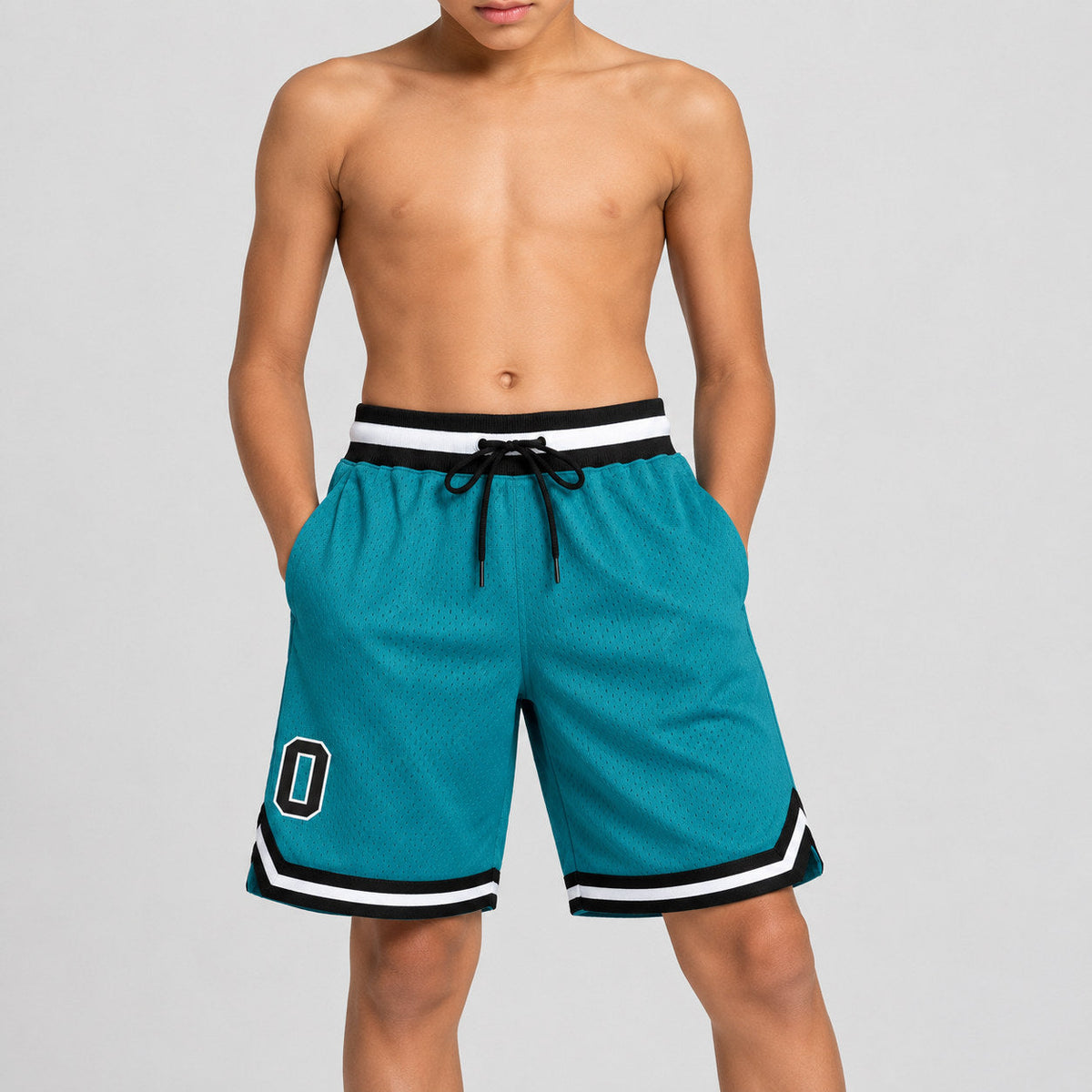 Custom Teal Authentic Throwback Basketball Shorts with Black and White Lettering Design 0113 youth size worn by child model