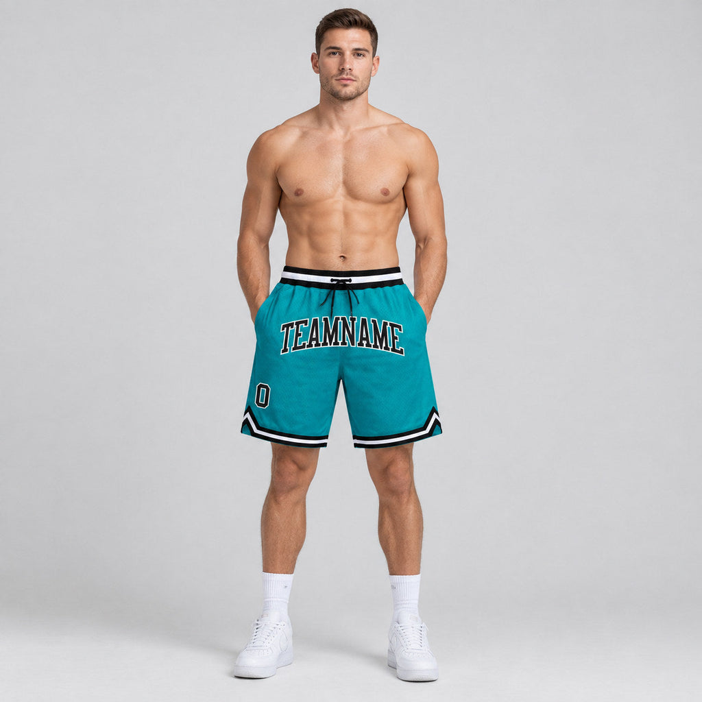 Custom Teal Authentic Throwback Basketball Shorts with Black and White Lettering Design 0113 worn by male model
