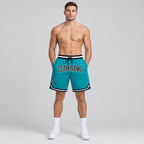 Custom Teal Authentic Throwback Basketball Shorts with Black and White Lettering Design 0113 worn by male model
