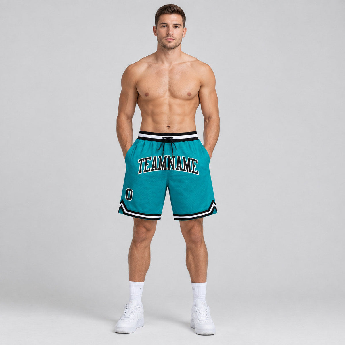 Custom Teal Authentic Throwback Basketball Shorts with Black and White Lettering Design 0113 worn by male model
