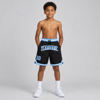Custom Black Authentic Throwback Basketball Shorts with Light Blue and White Lettering Design 1267 youth size worn by child model