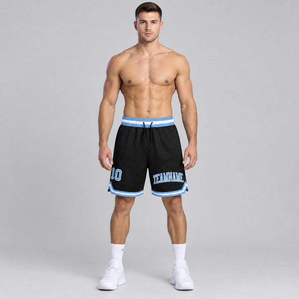 Custom Black Authentic Throwback Basketball Shorts with Light Blue and White Lettering Design 1267 worn by male model