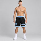 Custom Black Authentic Throwback Basketball Shorts with Light Blue and White Lettering Design 1267 worn by male model