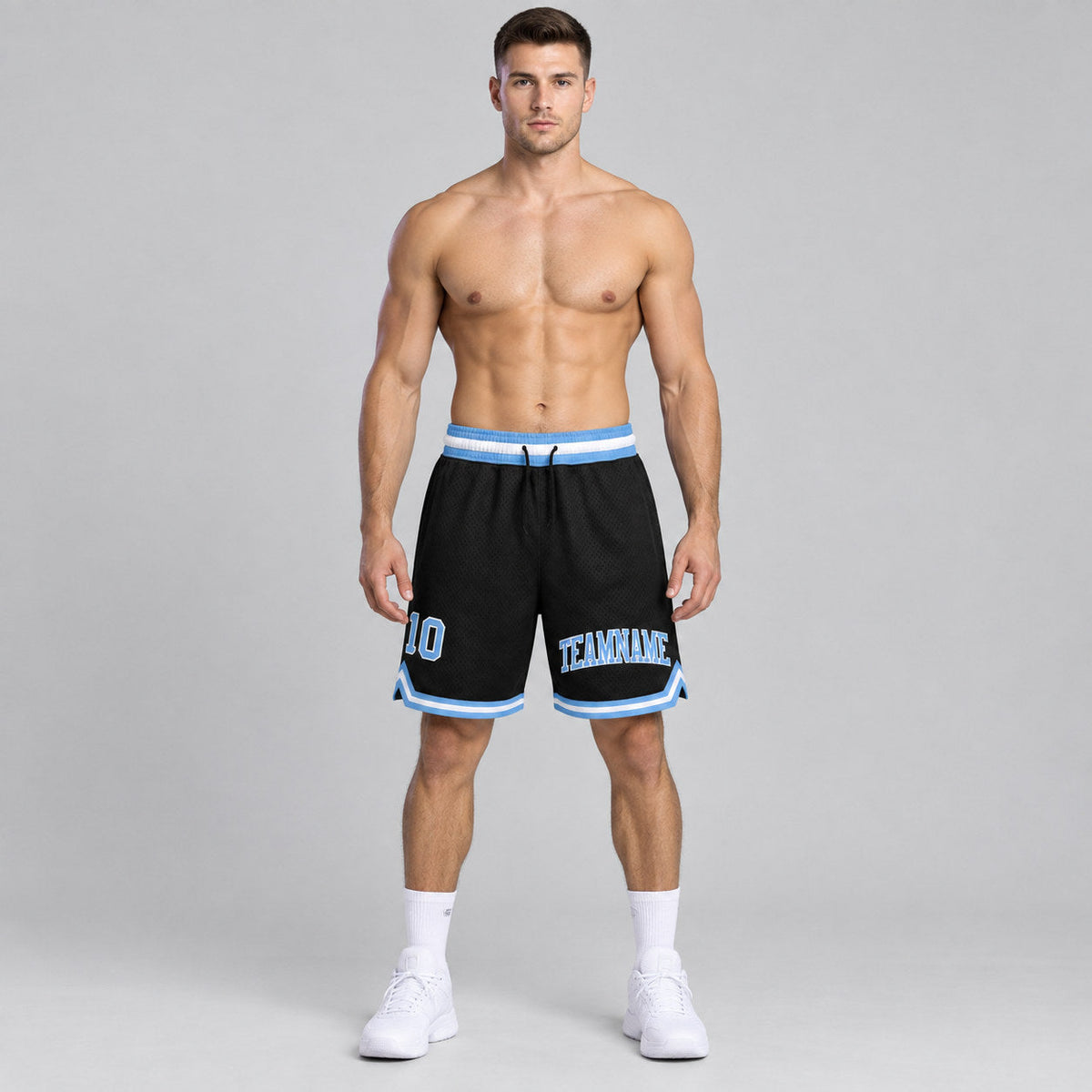 Custom Black Authentic Throwback Basketball Shorts with Light Blue and White Lettering Design 1267 worn by male model