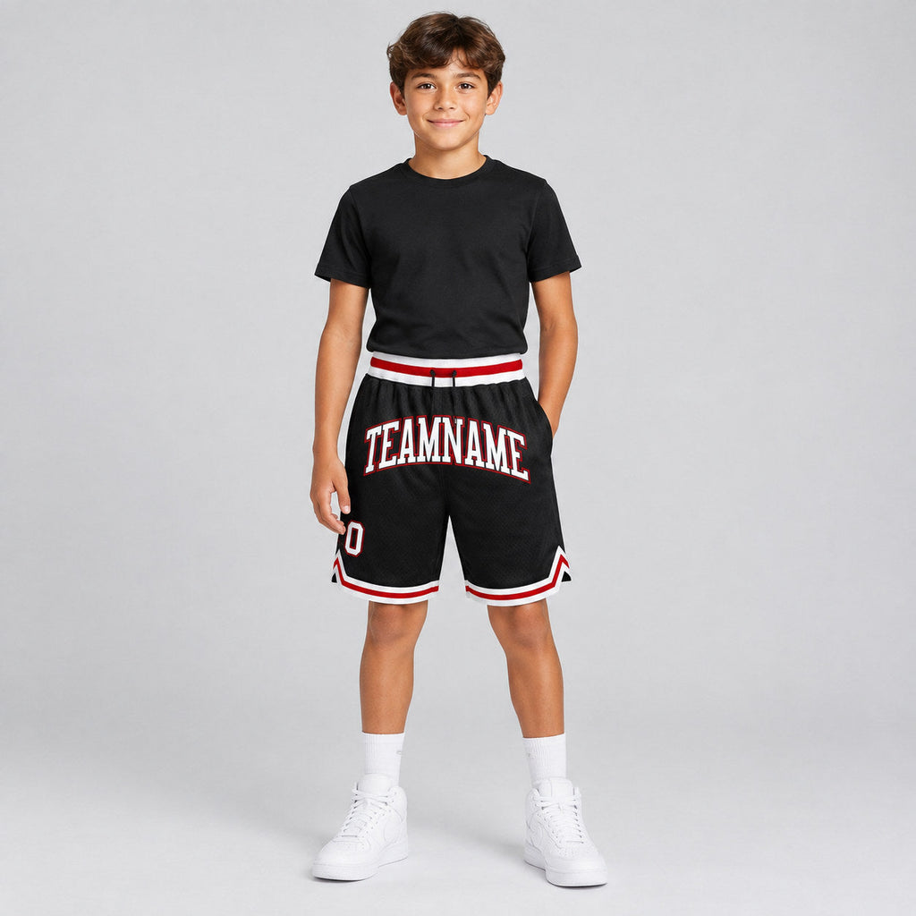 Custom Black Authentic Throwback Basketball Shorts with White and Red Lettering Design 1268 youth size worn by child model