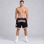 Custom Black Authentic Throwback Basketball Shorts with White and Red Lettering Design 1268 worn by male model