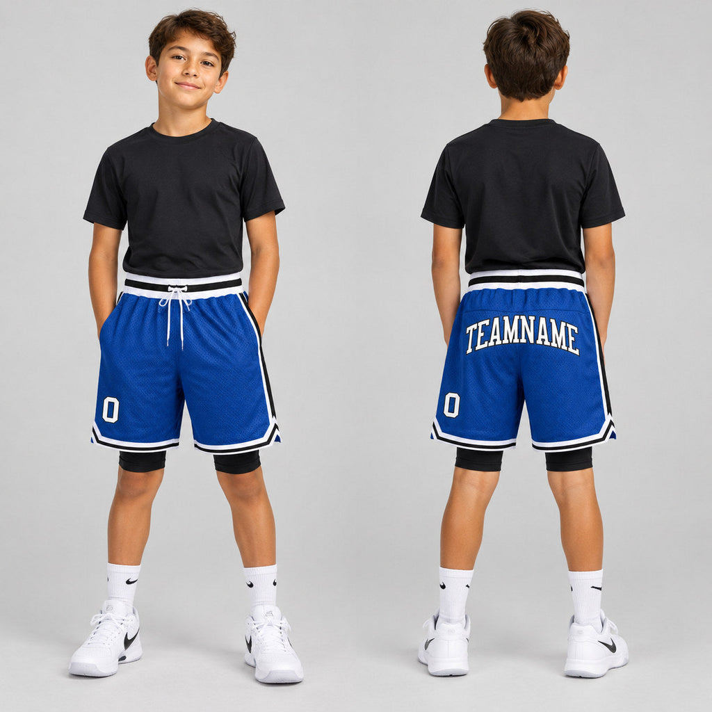 Custom Royal Authentic Throwback Basketball Shorts with White and Black Lettering Design 0431 youth size worn by child model