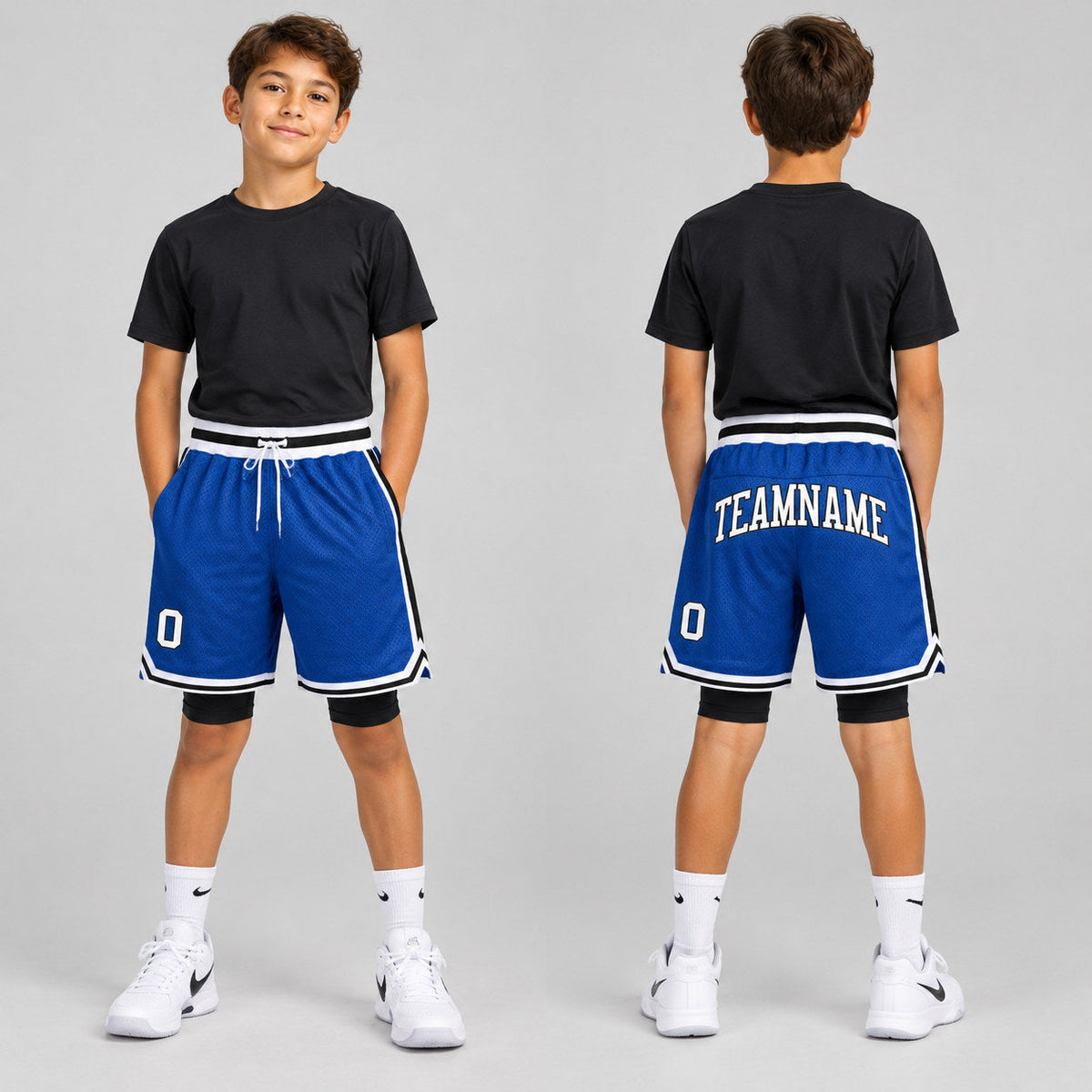 Custom Royal Authentic Throwback Basketball Shorts with White and Black Lettering Design 0431 youth size worn by child model
