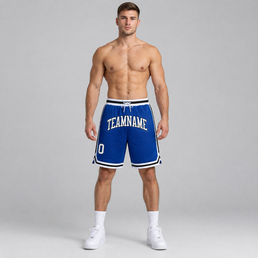 Custom Royal Authentic Throwback Basketball Shorts with White and Black Lettering Design 0431 worn by male model