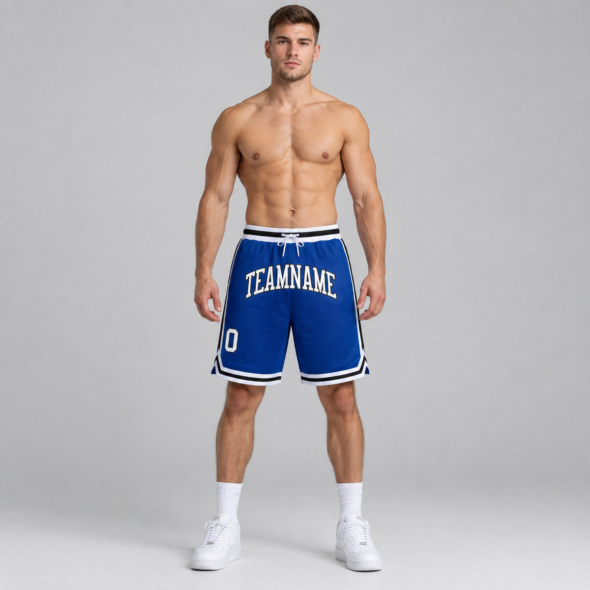 Custom Royal Authentic Throwback Basketball Shorts with White and Black Lettering Design 0431 worn by male model