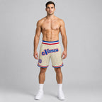 Custom Cream and Royal Pinstripe Authentic Basketball Shorts with Royal and Red Lettering worn by male model