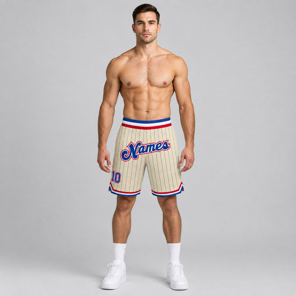 Custom Cream and Royal Pinstripe Authentic Basketball Shorts with Royal and Red Lettering worn by male model