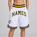 Custom White Authentic Throwback Basketball Shorts with Navy and Gold Lettering Design 0556 youth size worn by child model