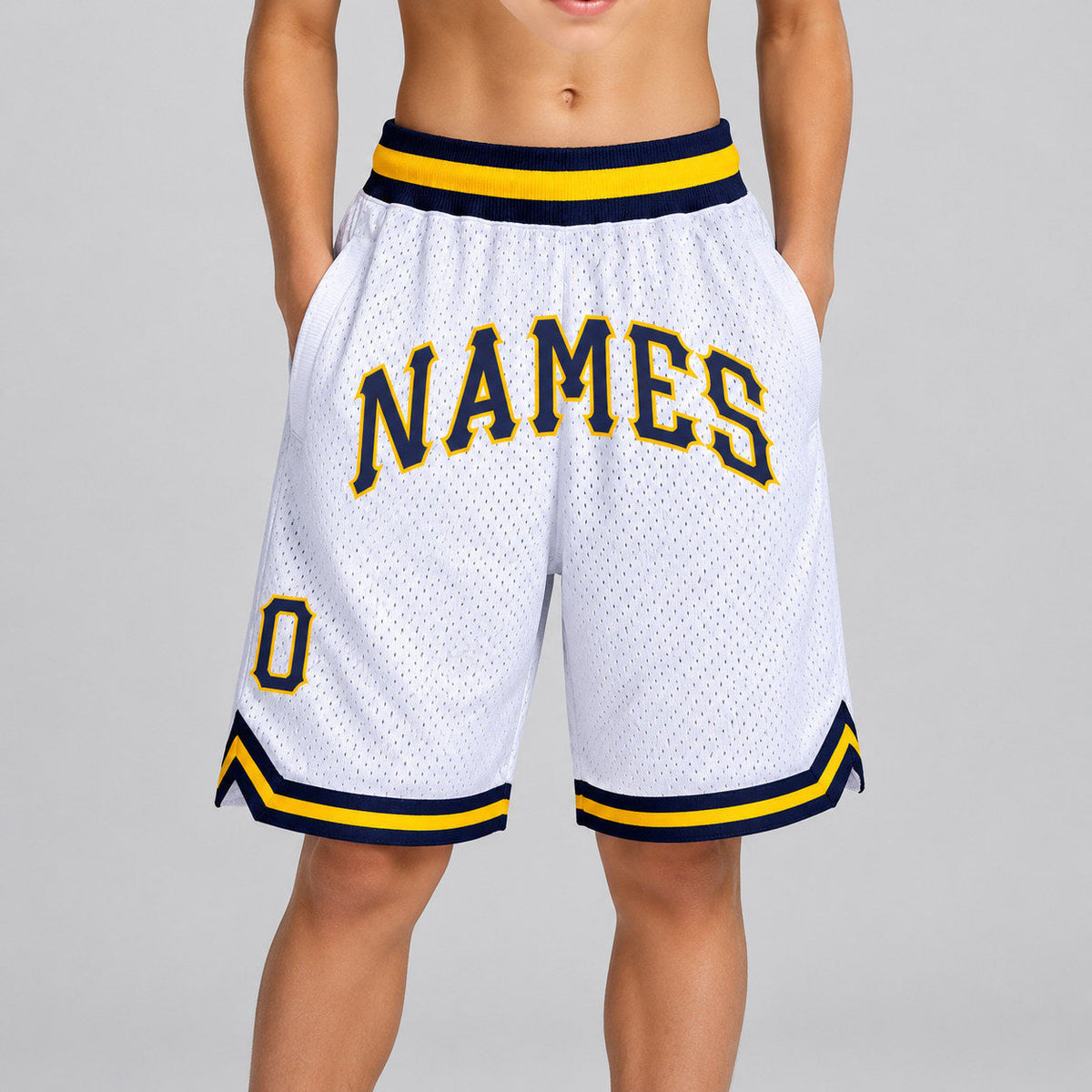 Custom White Authentic Throwback Basketball Shorts with Navy and Gold Lettering Design 0556 youth size worn by child model