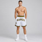 Custom White Authentic Throwback Basketball Shorts with Navy and Gold Lettering Design 0556 worn by male model