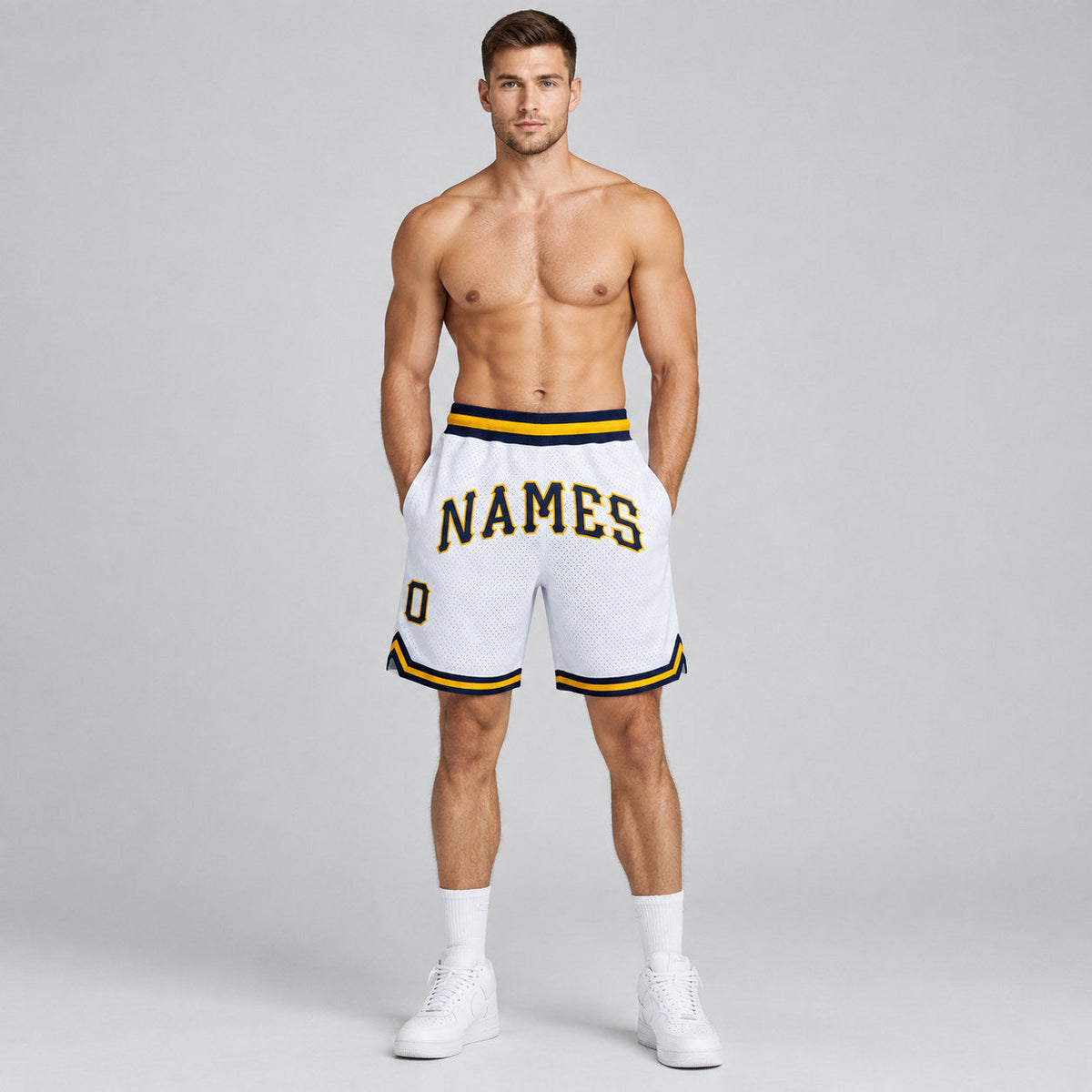 Custom White Authentic Throwback Basketball Shorts with Navy and Gold Lettering Design 0556 worn by male model