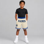 Custom Cream Authentic Throwback Basketball Shorts with Royal and Gold Lettering youth size worn by child model