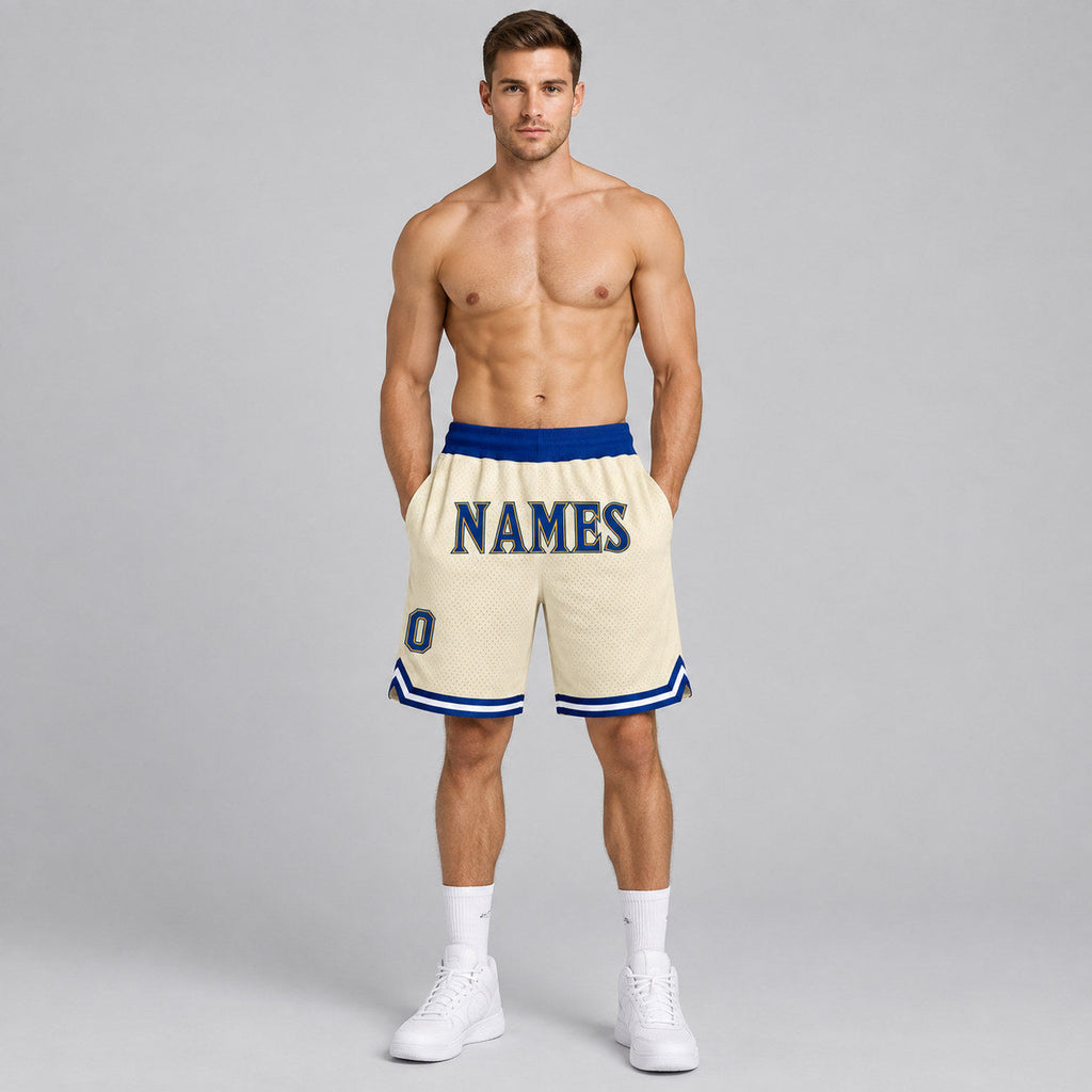 Custom Cream Authentic Throwback Basketball Shorts with Royal and Gold Lettering worn by male model