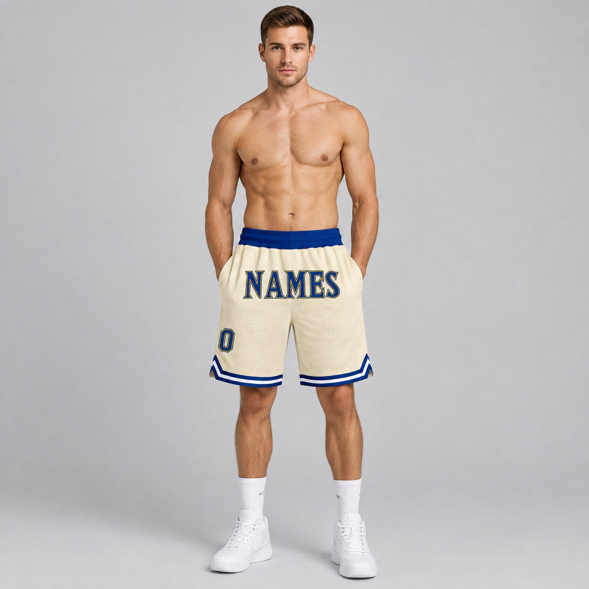 Custom Cream Authentic Throwback Basketball Shorts with Royal and Gold Lettering worn by male model