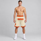 Custom Cream Authentic Throwback Basketball Shorts with Red and Gold Lettering Design 0083 worn by male model