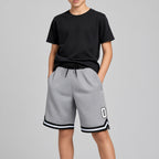 Custom Gray Authentic Throwback Basketball Shorts with White and Black Lettering Design 0046 youth size worn by child model