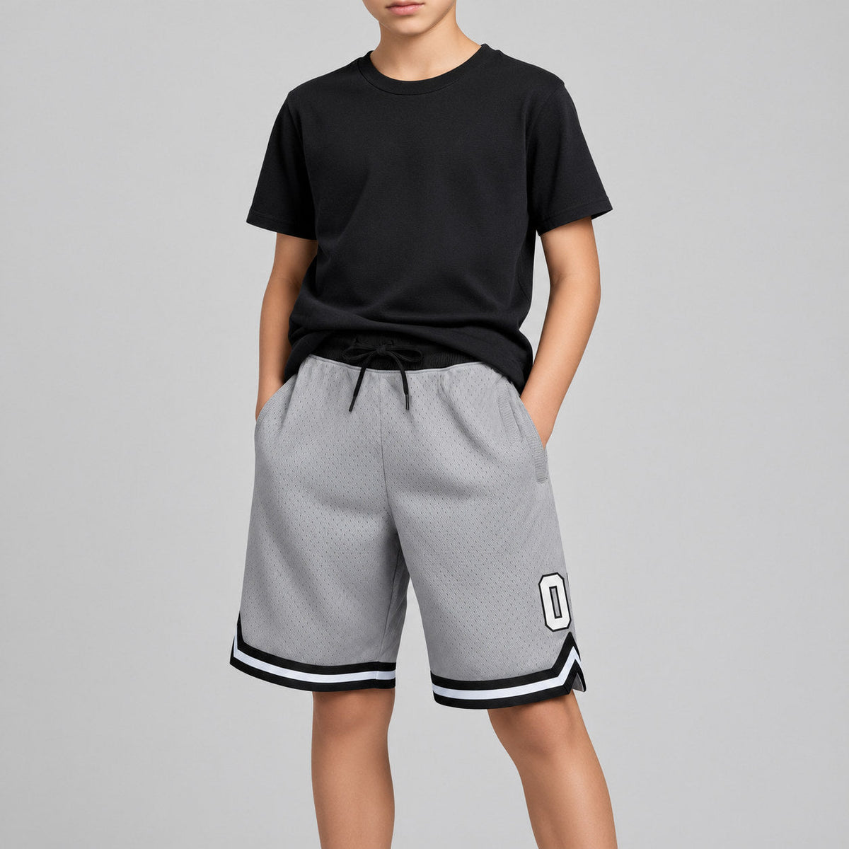 Custom Gray Authentic Throwback Basketball Shorts with White and Black Lettering Design 0046 youth size worn by child model
