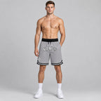 Custom Gray Authentic Throwback Basketball Shorts with White and Black Lettering Design 0046 worn by male model